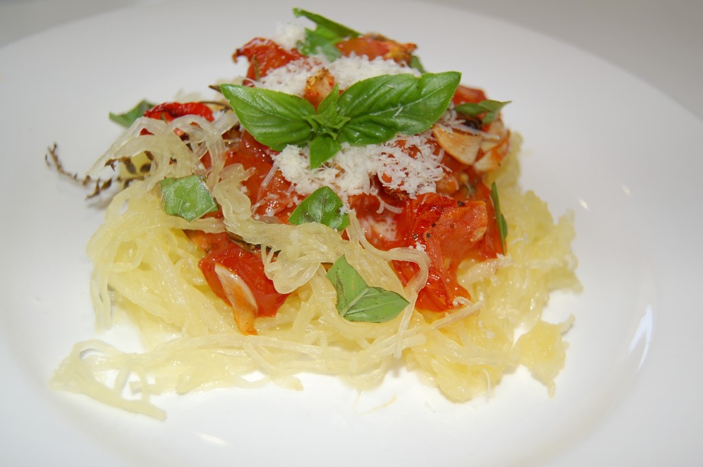 Spaghetti squash with tomato sauce.