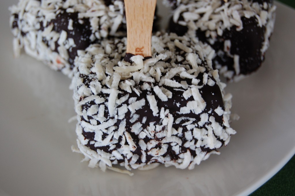 Frozen Lamington Covered With Dark Chocolate And Coconut